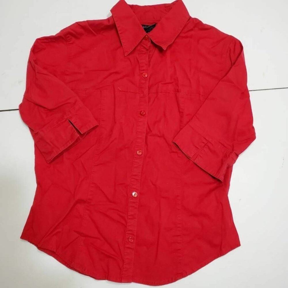 Express Womens Button Front Shirt Red 3/4 Sleeves Collar Stretch Top 7/8